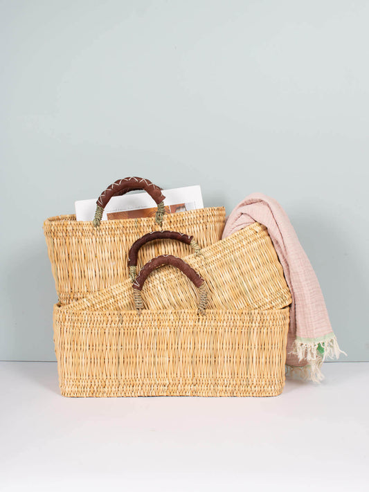 Reed Basket with Leather Handle -  Set of 3
